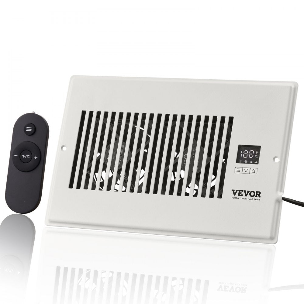 White Bostome quiet register booster fan for 6x10 vents with remote and digital thermostat display.
