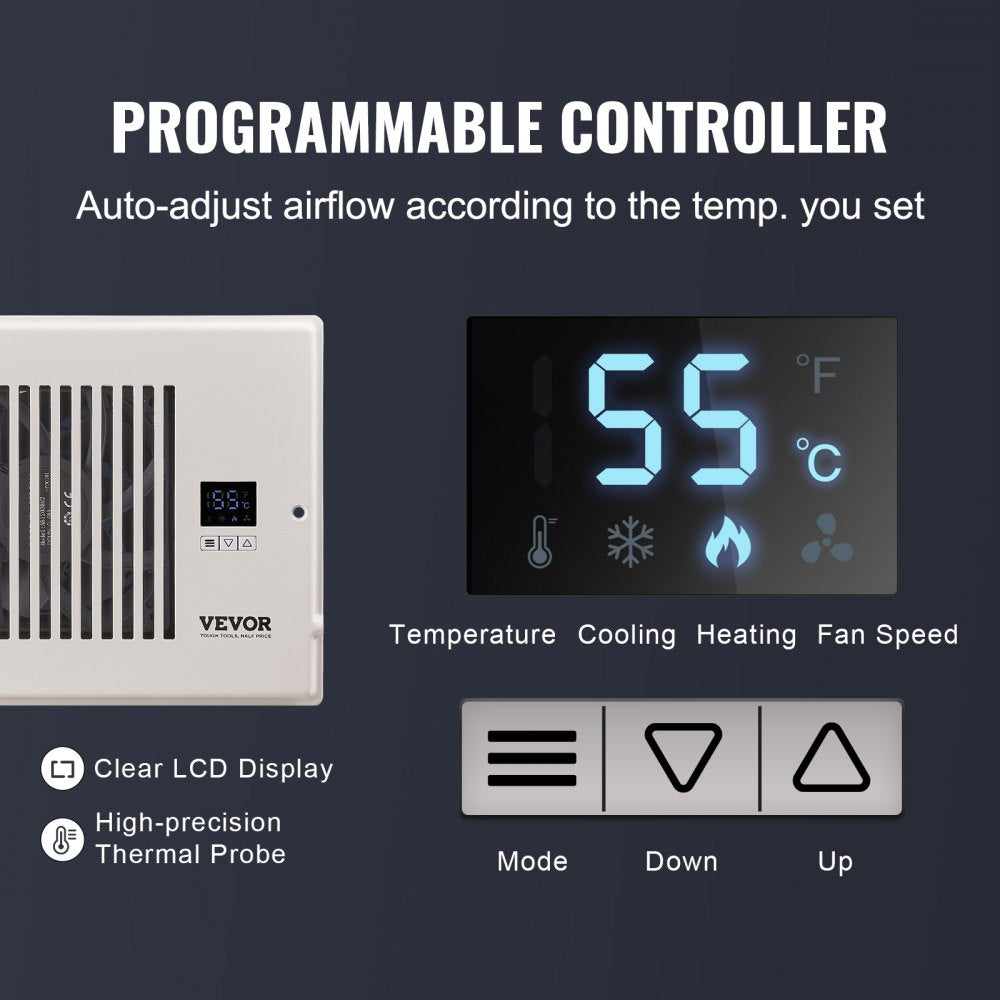 Quiet register booster fan for 6x12 vents with remote, thermostat, LCD display, and thermal probe.