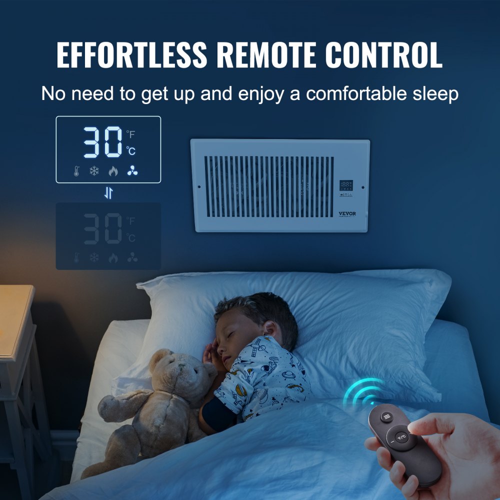 Quiet register booster fan in a 6x12 vent with remote control and digital thermostat display.