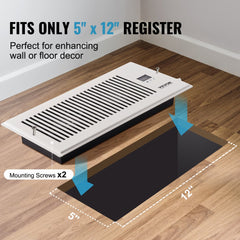 White Bostome register booster fan fitting 5x12 vents, with remote, thermostat, and mounting screws on wood floor.