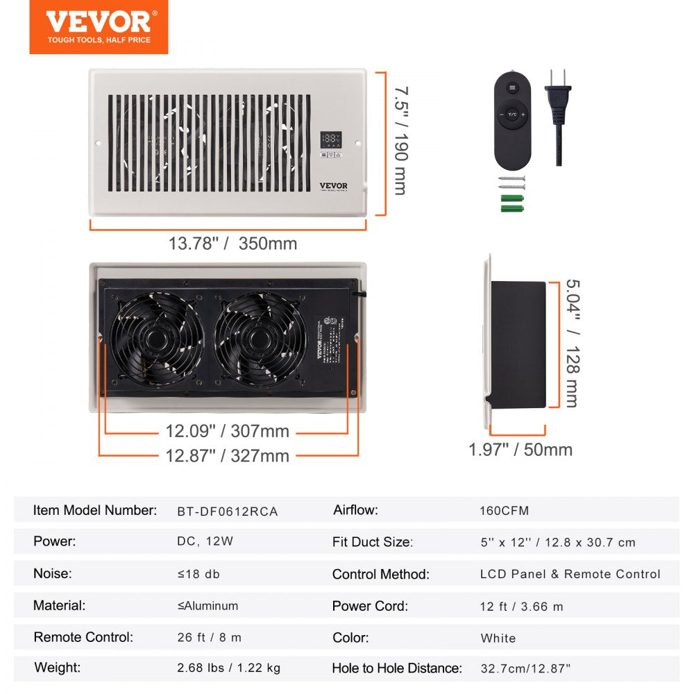 Bostome quiet register booster fan for 6x12 vents with remote and thermostat, showing dimensions and specs.