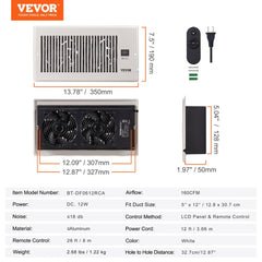 Bostome quiet register booster fan for 6x12 vents with remote and thermostat, showing dimensions and specs.