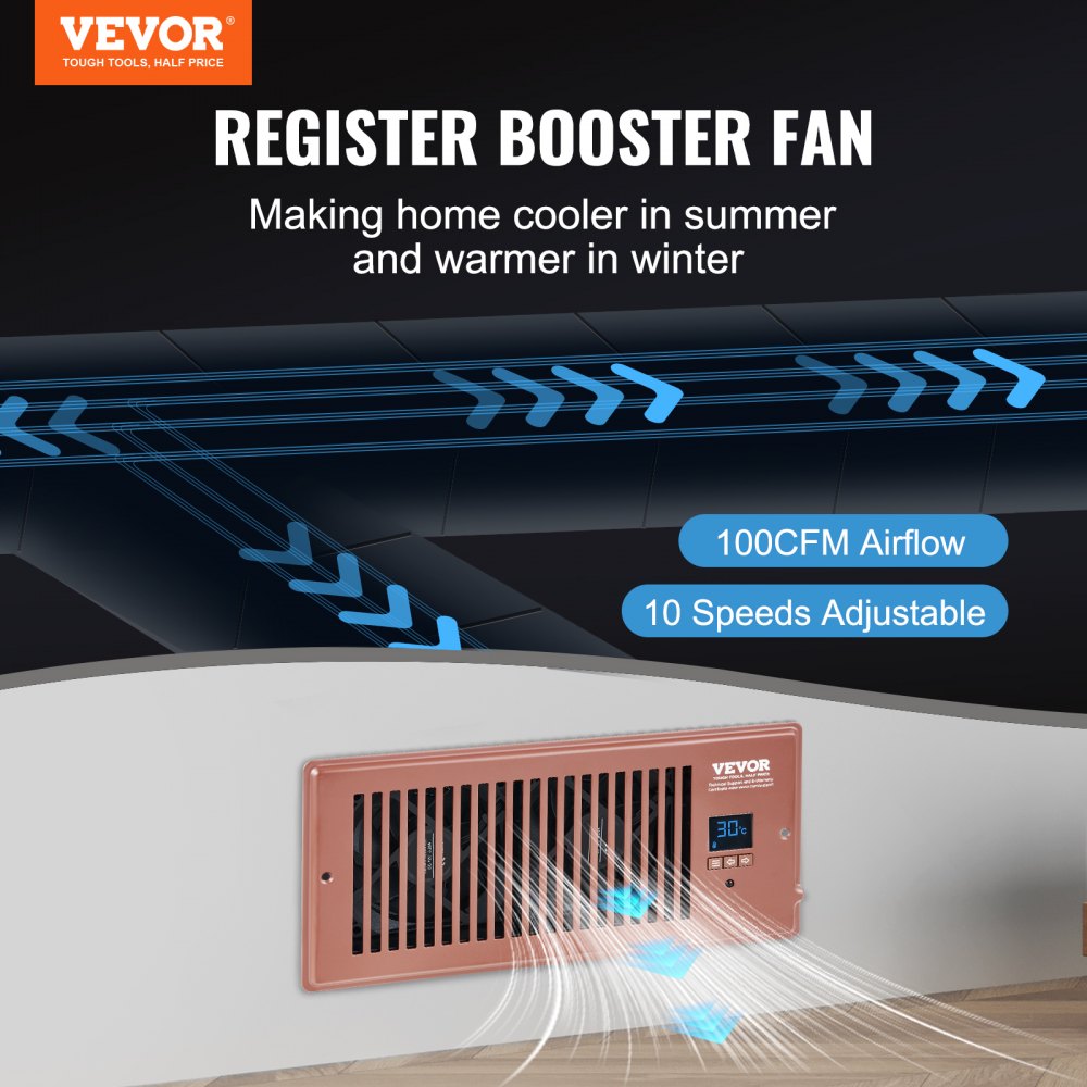 Quiet Bostome register booster fan for 4x10 vents with remote, thermostat, and LCD display.