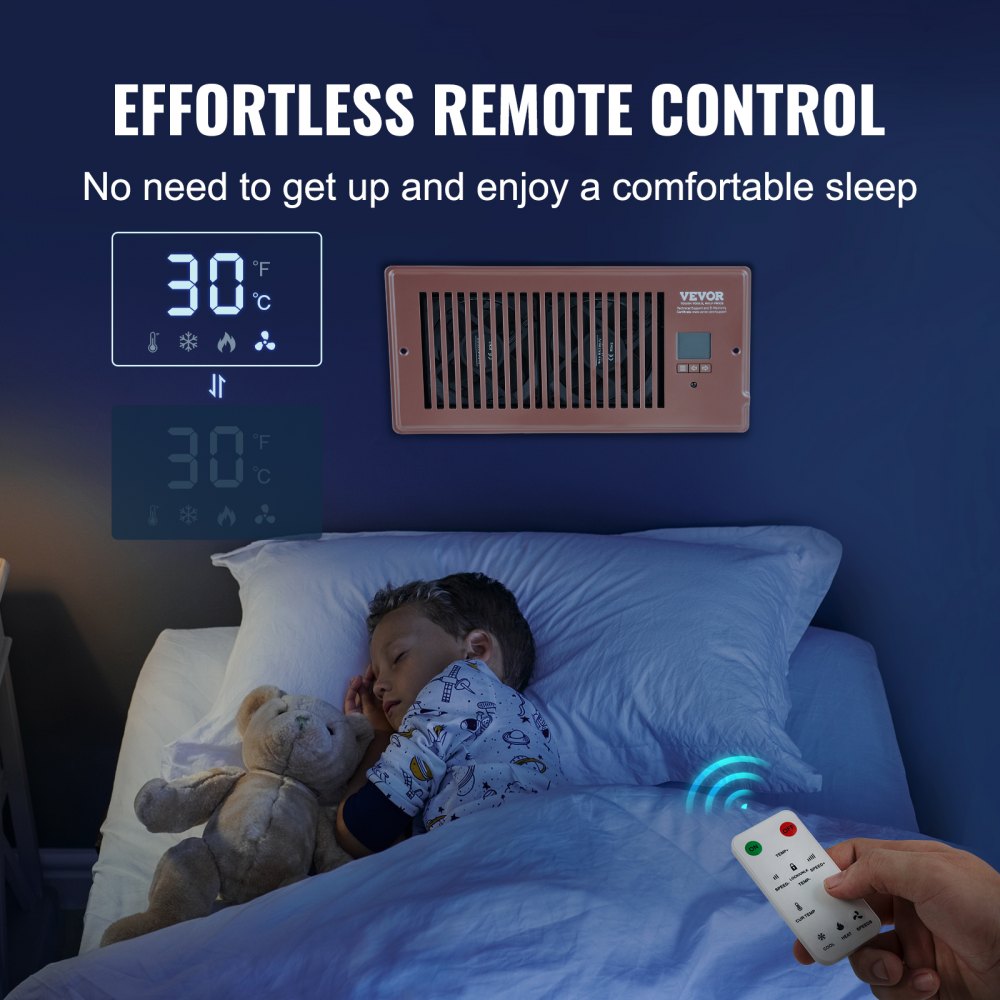 Quiet register booster fan in a 4x10 vent with remote control and thermostat display in a bedroom.