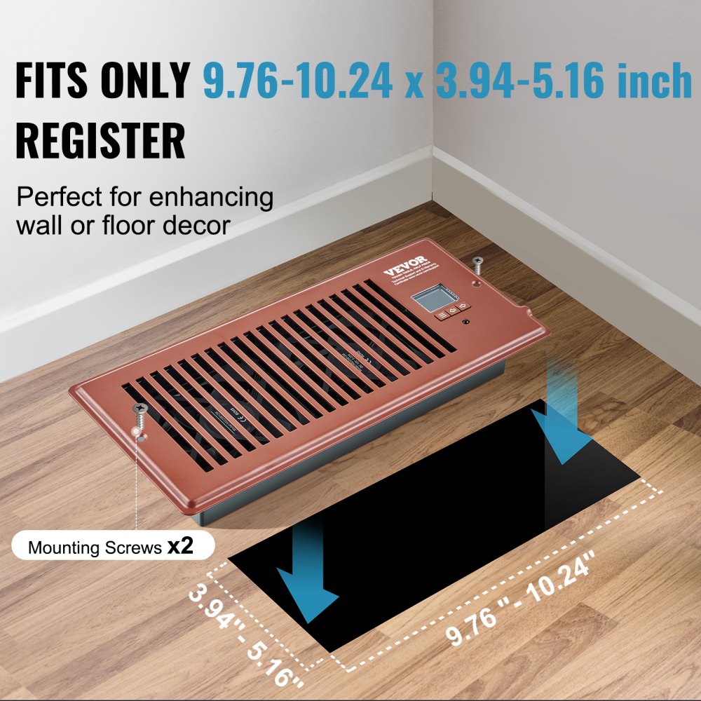 Brown Bostome quiet register booster fan for 4x10 vents with remote, thermostat, and dimensions shown.