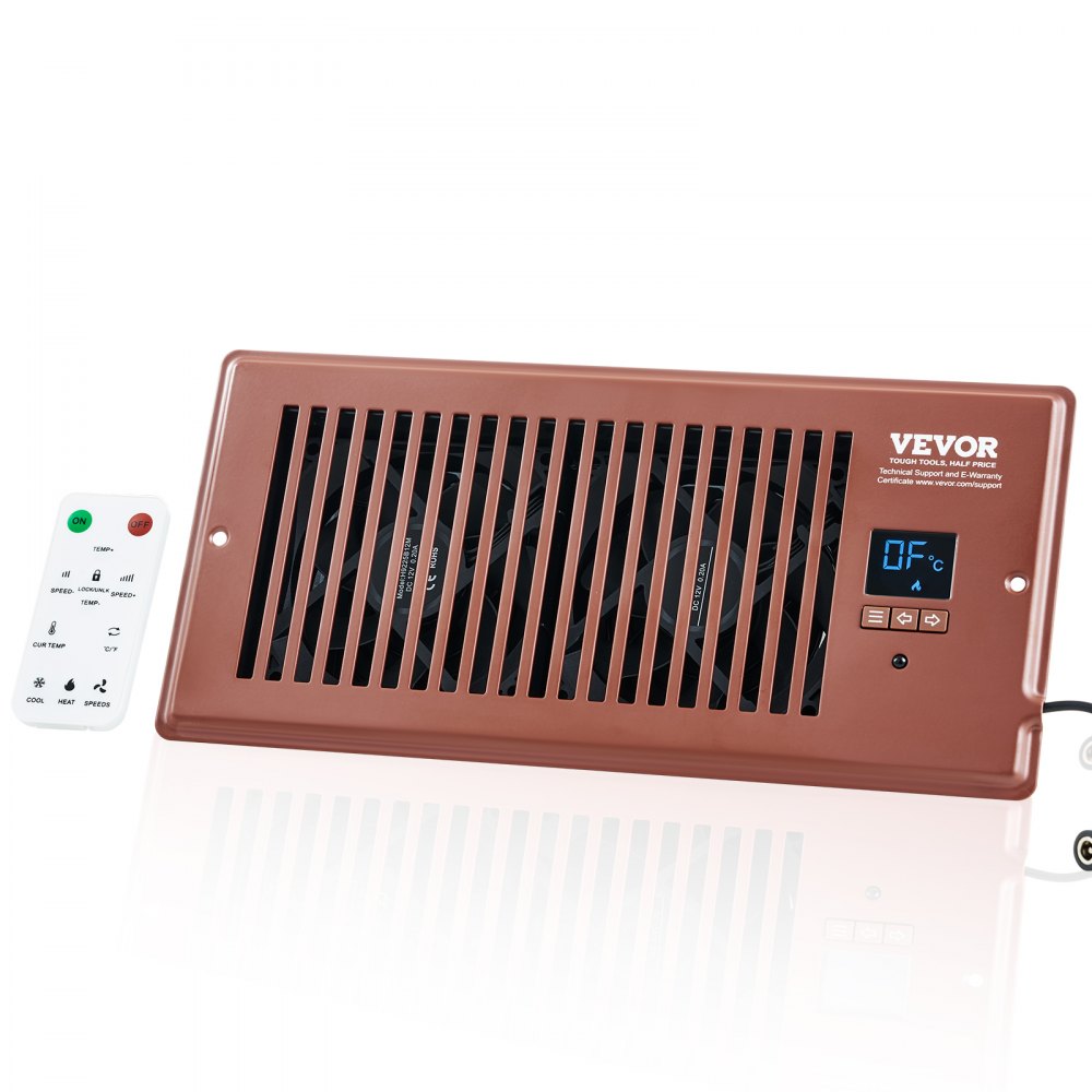 Bostome quiet register booster fan for 4x10 vents with remote and digital thermostat display.