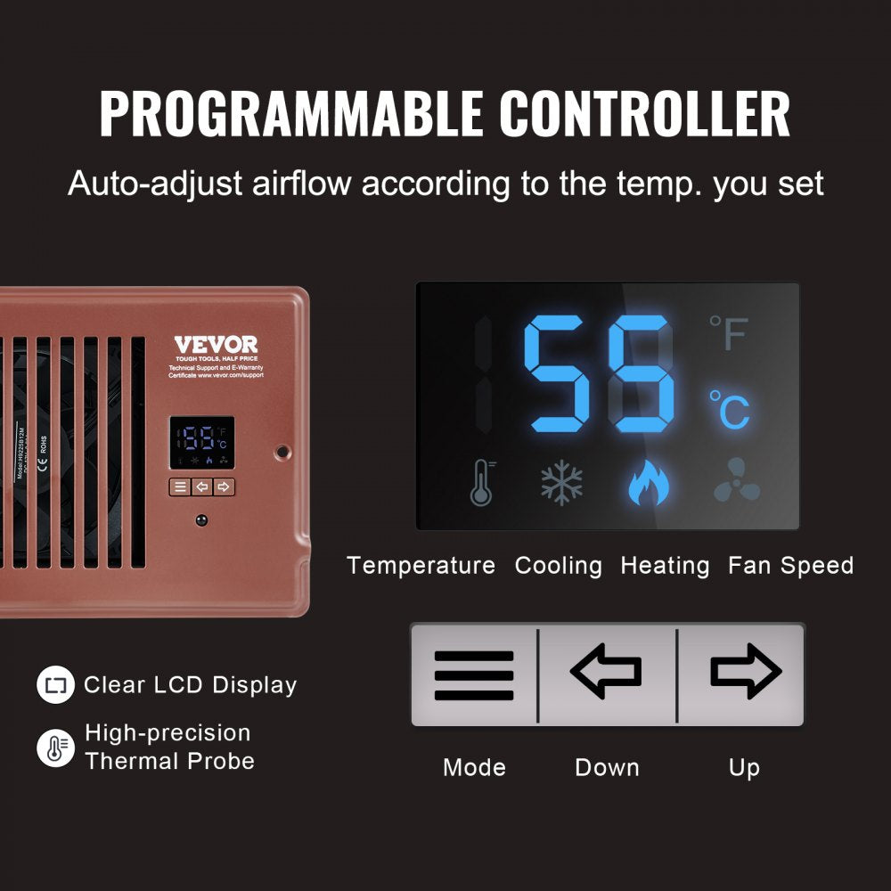 Register Booster Fan, Quiet Vent Booster Fan Fits 4” x 12” Register Holes, with Remote Control and Thermostat Control, Adjustable Speed for Heating Cooling Smart Vent, Brown