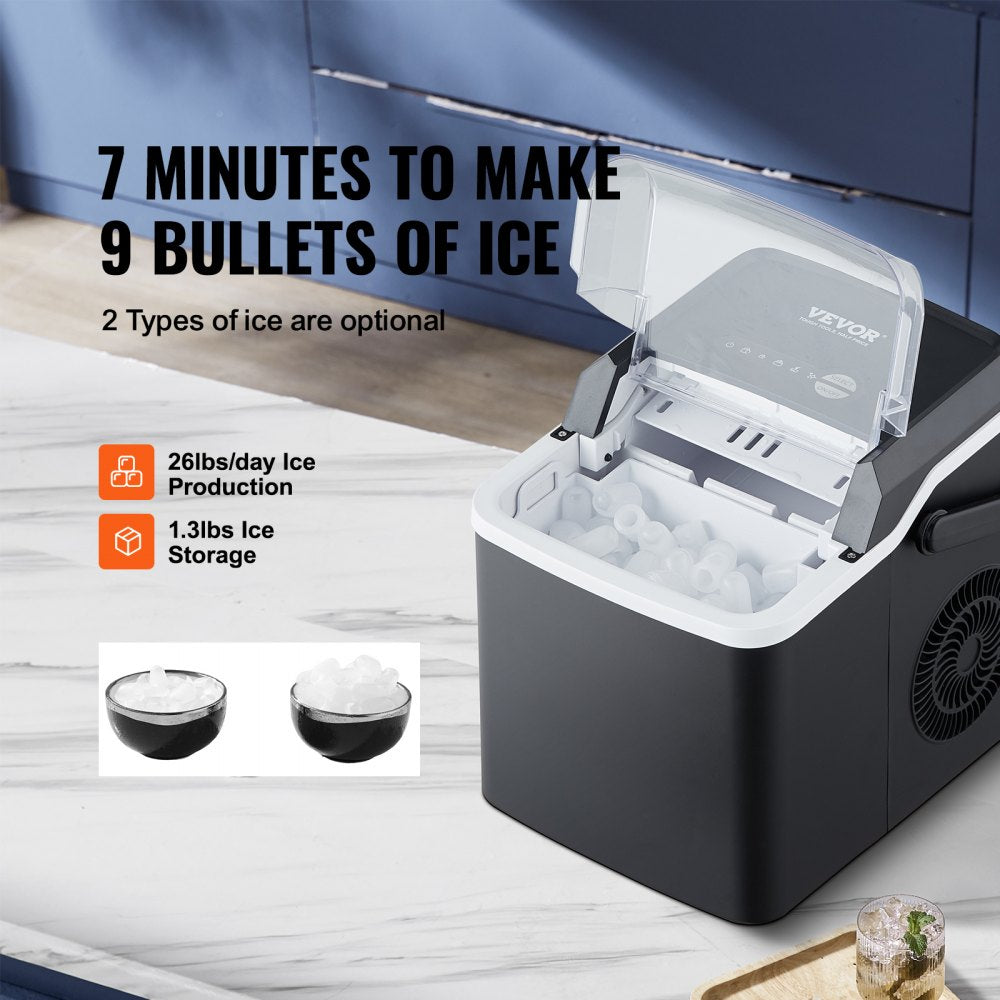 Countertop Ice Maker, 9 Cubes Ready in 7 Mins, 26lbs in 24Hrs, Self-Cleaning Portable Ice Maker with Ice Scoop and Basket, Ice Machine with 2 Sizes Bullet Ice for Home Kitchen Office Bar Party