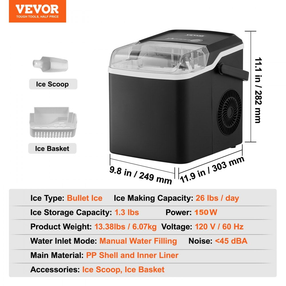 Countertop Ice Maker, 9 Cubes Ready in 7 Mins, 26lbs in 24Hrs, Self-Cleaning Portable Ice Maker with Ice Scoop and Basket, Ice Machine with 2 Sizes Bullet Ice for Home Kitchen Office Bar Party