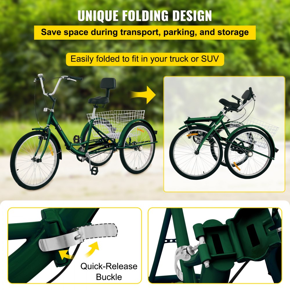 Tricycle Adult 24’’ Wheels Adult Tricycle 1-Speed 3 Wheel Bikes For Adults Three Wheel Bike For Adults Adult Trike Adult Folding Tricycle Foldable Adult Tricycle 3 Wheel Bike Trike For Adults