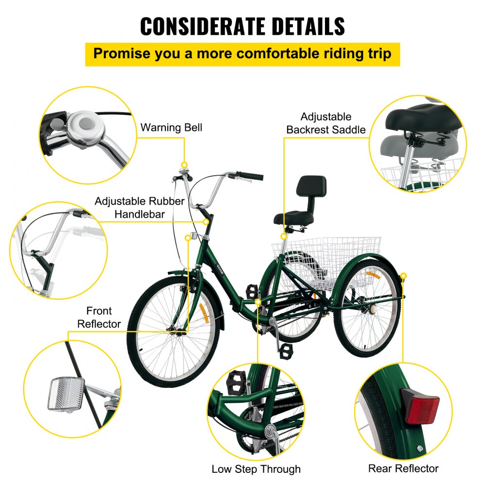 Tricycle Adult 24’’ Wheels Adult Tricycle 1-Speed 3 Wheel Bikes For Adults Three Wheel Bike For Adults Adult Trike Adult Folding Tricycle Foldable Adult Tricycle 3 Wheel Bike Trike For Adults