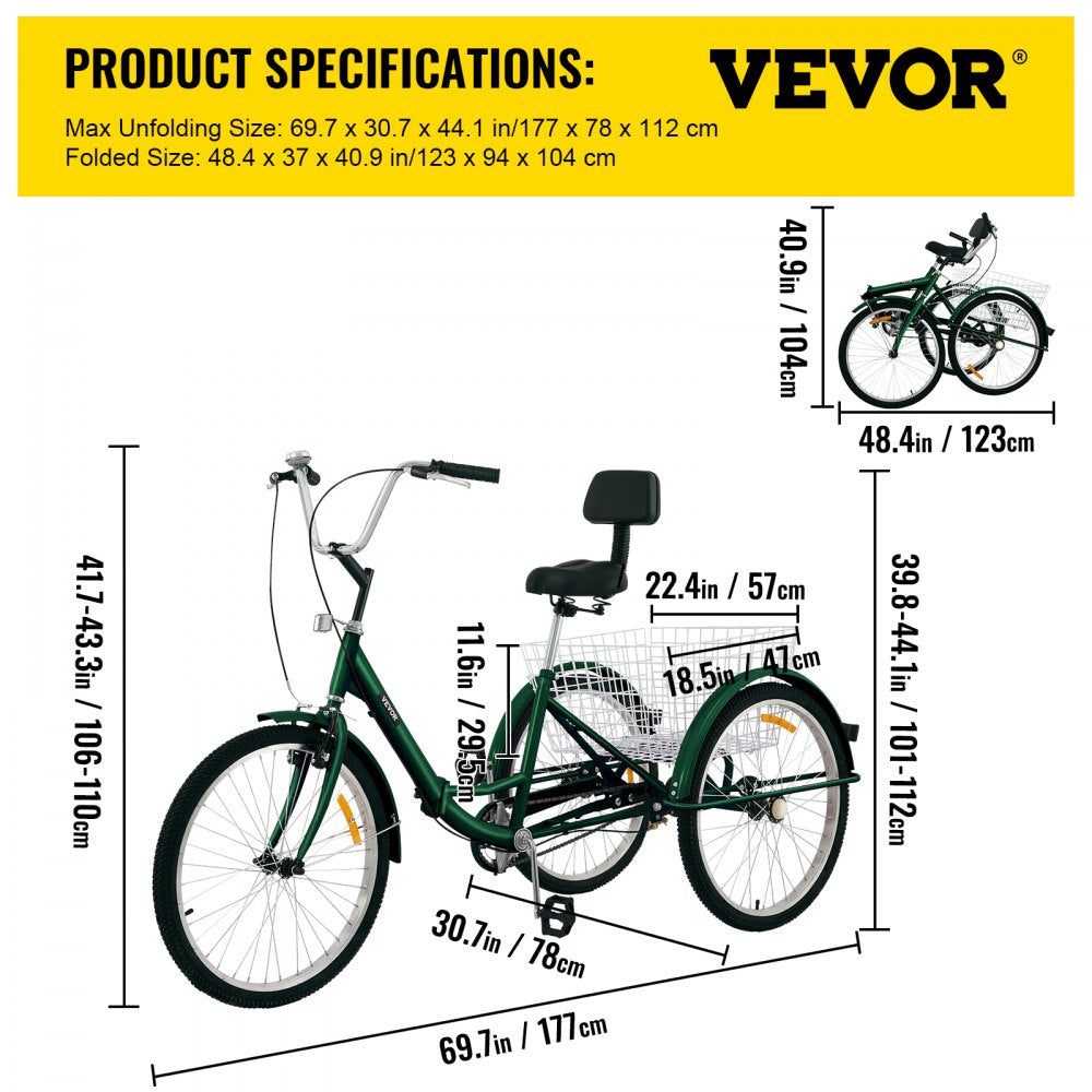 Tricycle Adult 24’’ Wheels Adult Tricycle 1-Speed 3 Wheel Bikes For Adults Three Wheel Bike For Adults Adult Trike Adult Folding Tricycle Foldable Adult Tricycle 3 Wheel Bike Trike For Adults
