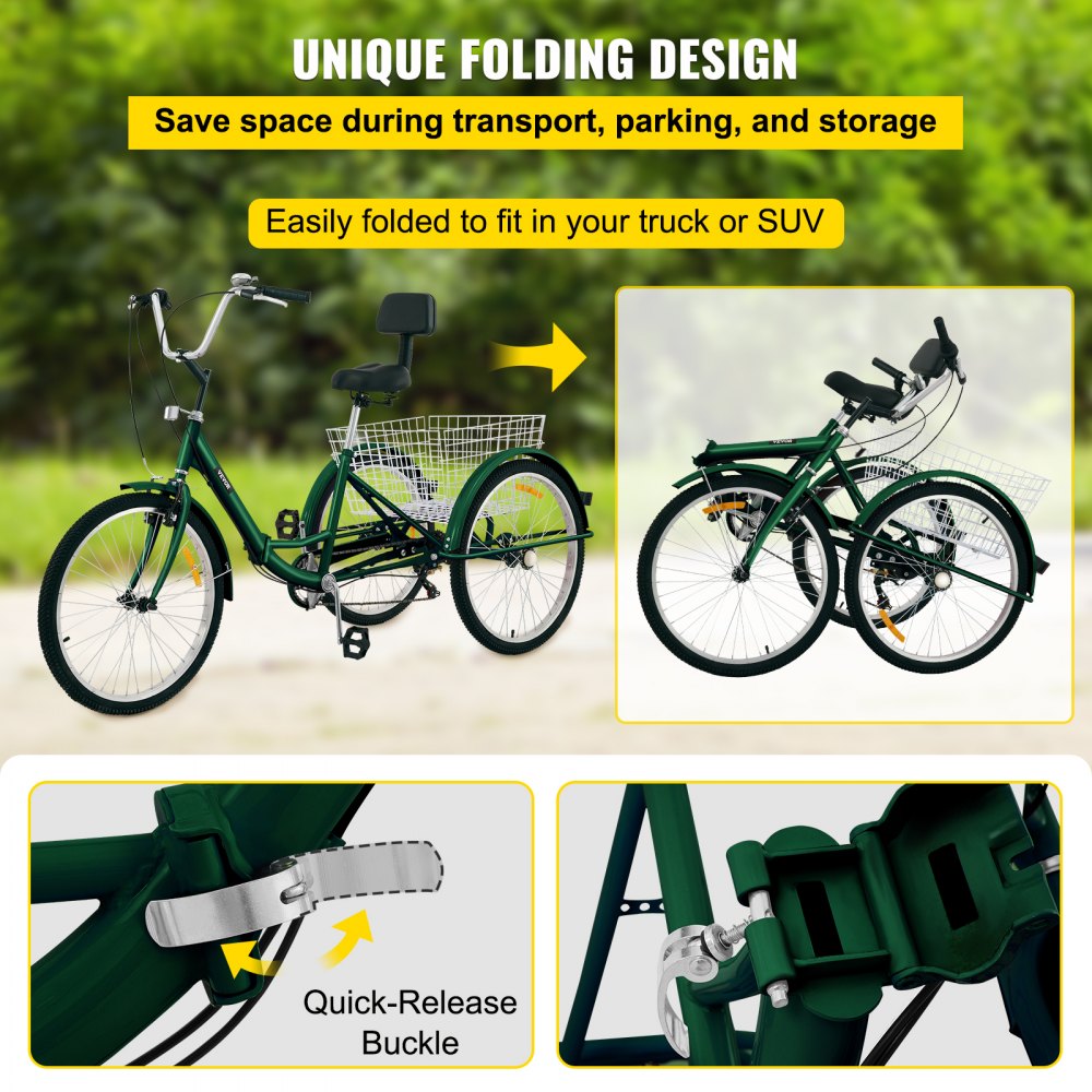 Tricycle Adult 24’’ Wheels Adult Tricycle 7-Speed 3 Wheel Bikes For Adults Three Wheel Bike For Adults Adult Trike Adult Folding Tricycle Foldable Adult Tricycle 3 Wheel Bike Trike For Adults