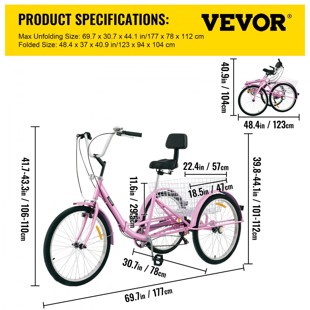 Tricycle Adult 26’’ Wheels Adult Tricycle 7-Speed 3 Wheel Bikes For Adults Three Wheel Bike For Adults Adult Trike Adult Folding Tricycle Foldable Adult Tricycle 3 Wheel Bike Trike For Adults