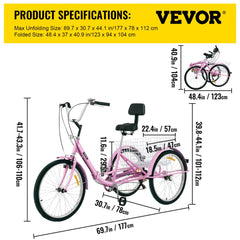 Tricycle Adult 26’’ Wheels Adult Tricycle 7-Speed 3 Wheel Bikes For Adults Three Wheel Bike For Adults Adult Trike Adult Folding Tricycle Foldable Adult Tricycle 3 Wheel Bike Trike For Adults