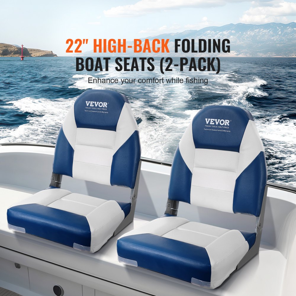 Boat Seats, 21.85" High Back Boat Seat, Folding Boat Chair with Thickened Sponge Padding and Hinge, Fold-Down Boat Captain Chairs for Fishing Boat, Sightseeing Boat, Speedboat, Canoe, 2-Pack