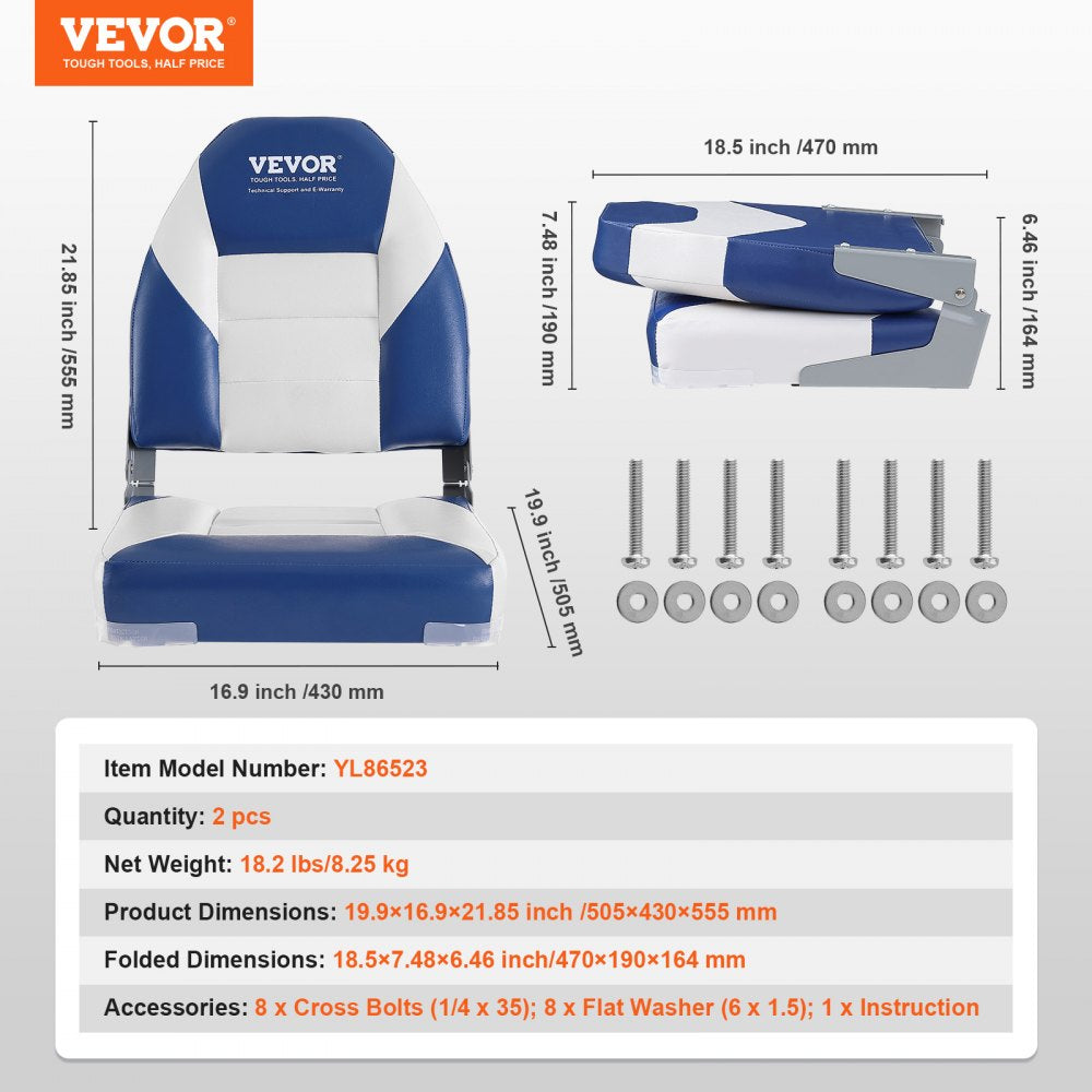 Boat Seats, 21.85" High Back Boat Seat, Folding Boat Chair with Thickened Sponge Padding and Hinge, Fold-Down Boat Captain Chairs for Fishing Boat, Sightseeing Boat, Speedboat, Canoe, 2-Pack