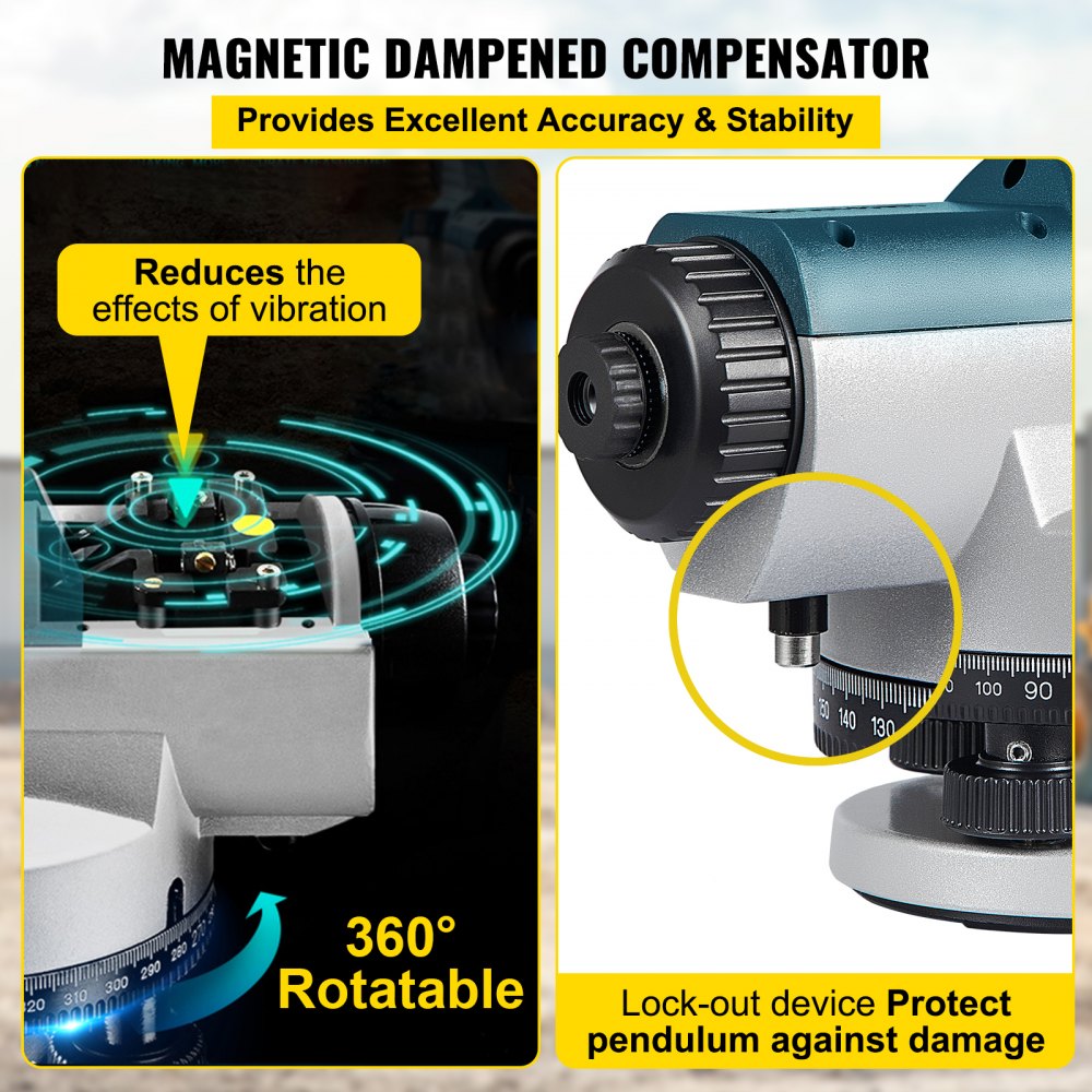 Automatic Optical Level 24X Optical Auto Level Kit High Precision Height/Distance/Angle Level Measure Builders Level with Magnetic Dampened Compensator and Transport Lock, IP54 Waterproof