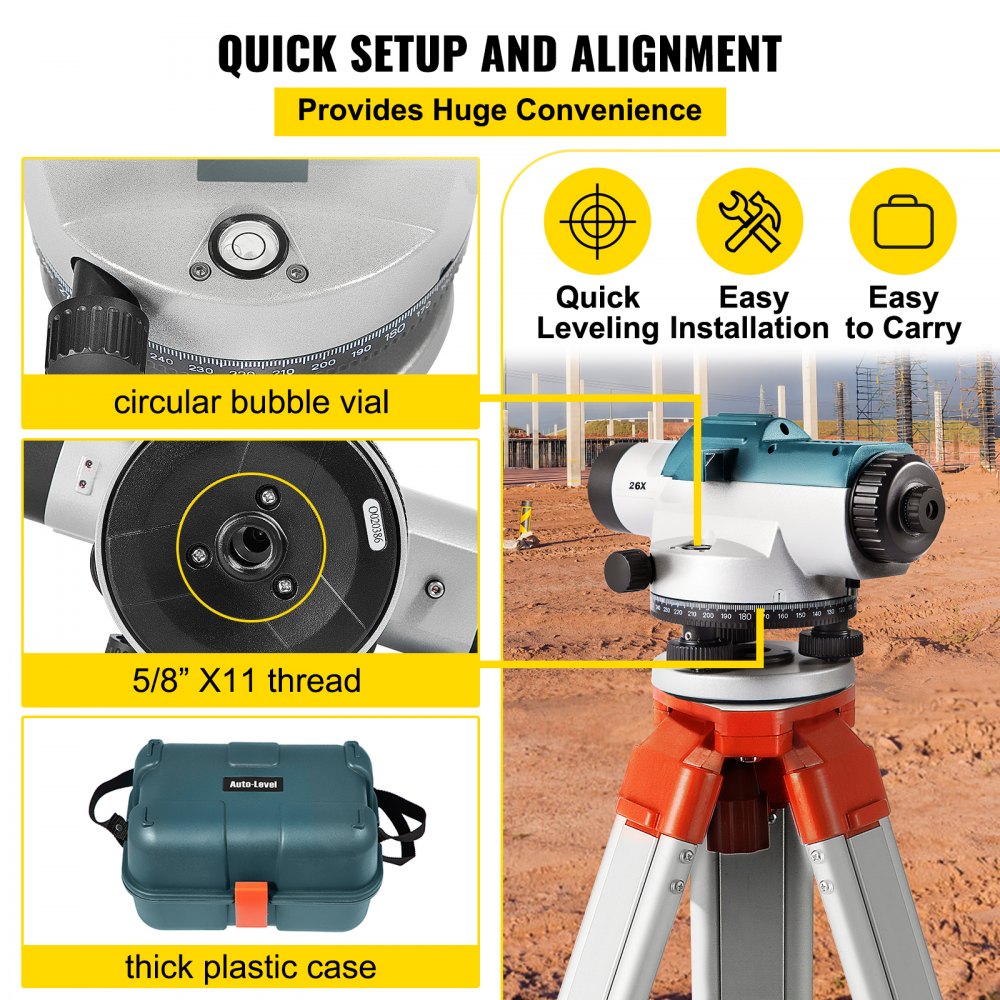 Automatic Optical Level 26X Optical Auto Level Kit High Precision Height/Distance/Angle Level Measure Builders Level with Magnetic Dampened Compensator and Transport Lock, IP54 Waterproof