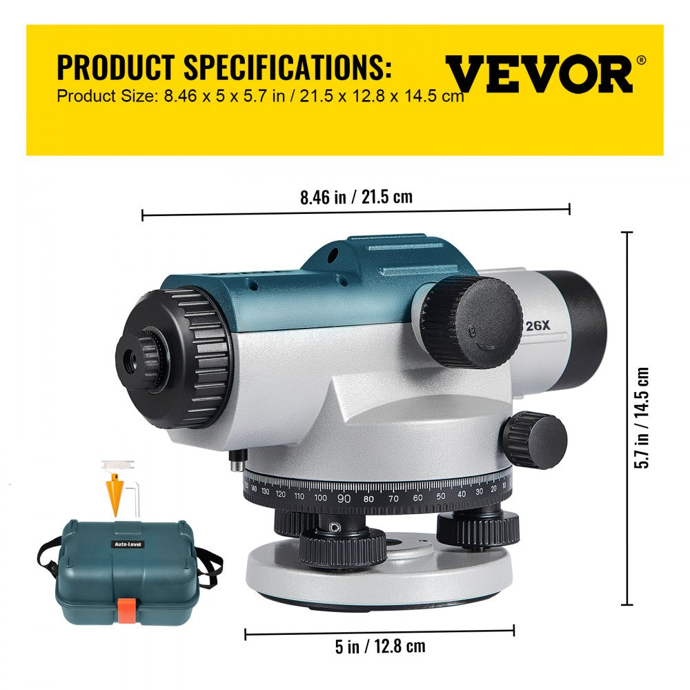 Automatic Optical Level 26X Optical Auto Level Kit High Precision Height/Distance/Angle Level Measure Builders Level with Magnetic Dampened Compensator and Transport Lock, IP54 Waterproof