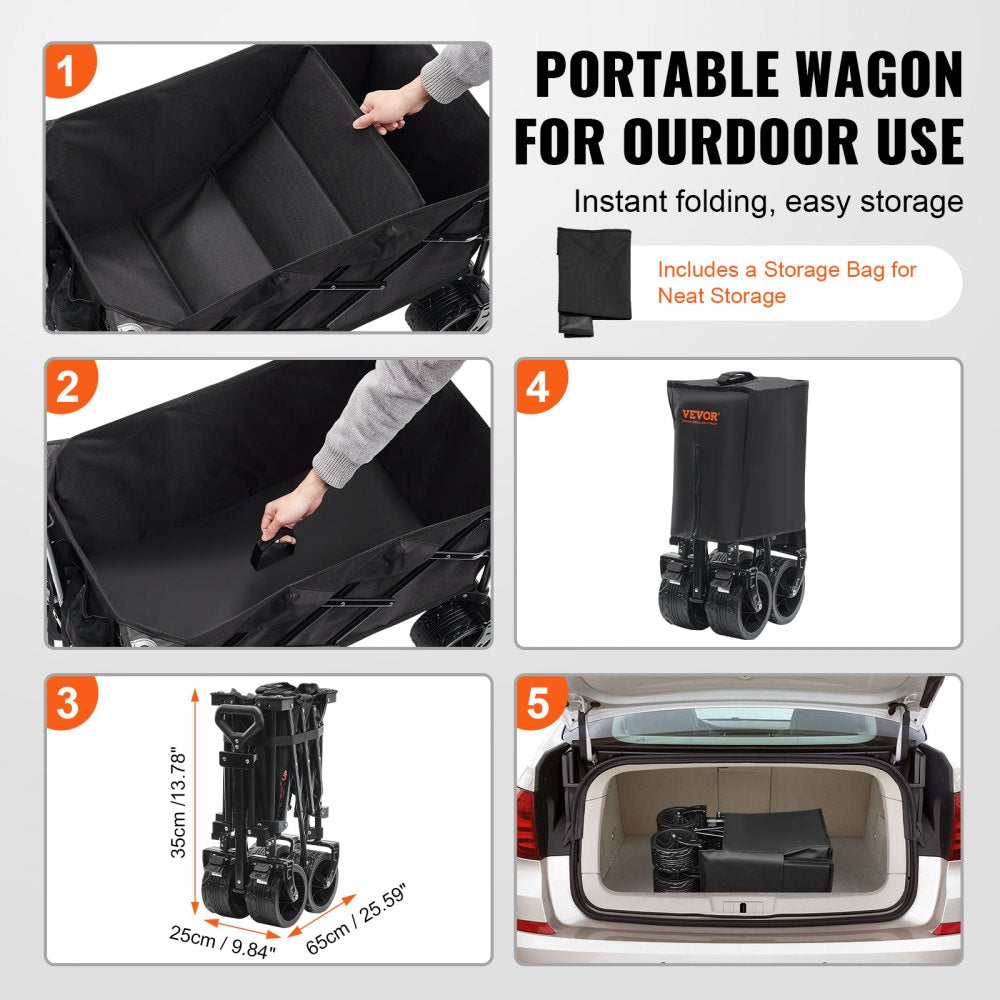 Collapsible Folding Wagon, 220 L Beach Wagon Cart with All-Terrain Wheels, Heavy Duty Folding Wagon Cart Max 330 lbs with Drink Holders, Sports Wagon for Camping, Shopping, Garden