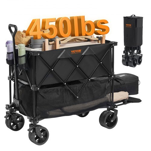 Foldable Double Decker Wagon, 400L Collapsible Wagon Cart with All-Terrain Wheels, Heavy Duty Folding Wagon Cart 450 lbs Weight Capacity for Camping, Shopping, Garden, 52" Extra Long Extender