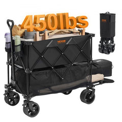 Foldable Double Decker Wagon, 400L Collapsible Wagon Cart with All-Terrain Wheels, Heavy Duty Folding Wagon Cart 450 lbs Weight Capacity for Camping, Shopping, Garden, 52" Extra Long Extender