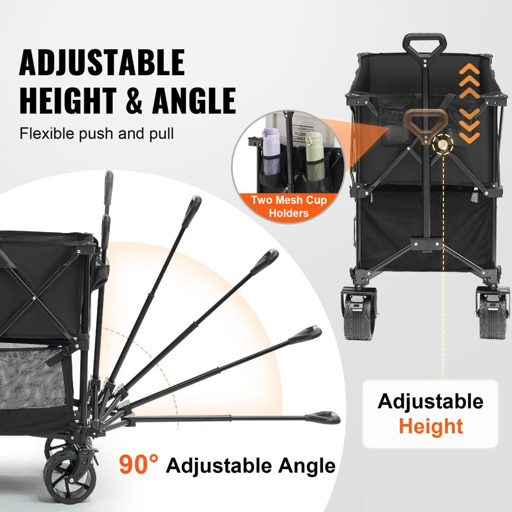 Foldable Double Decker Wagon, 400L Collapsible Wagon Cart with All-Terrain Wheels, Heavy Duty Folding Wagon Cart 450 lbs Weight Capacity for Camping, Shopping, Garden, 52" Extra Long Extender
