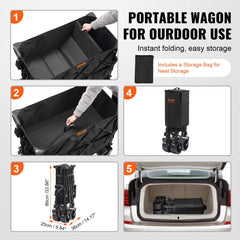 Foldable Double Decker Wagon, 400L Collapsible Wagon Cart with All-Terrain Wheels, Heavy Duty Folding Wagon Cart 450 lbs Weight Capacity for Camping, Shopping, Garden, 52" Extra Long Extender