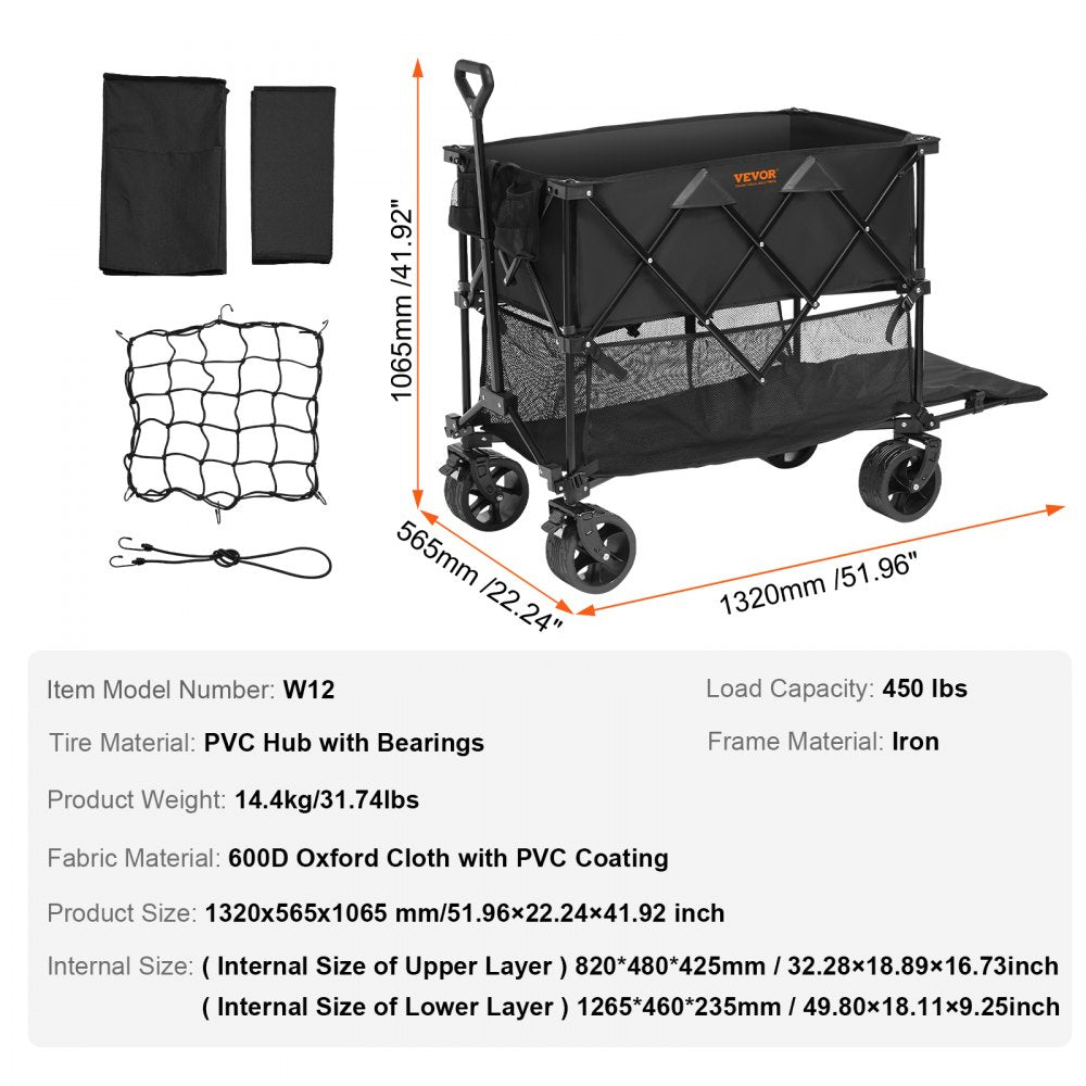 Foldable Double Decker Wagon, 400L Collapsible Wagon Cart with All-Terrain Wheels, Heavy Duty Folding Wagon Cart 450 lbs Weight Capacity for Camping, Shopping, Garden, 52" Extra Long Extender