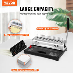 Binding Machine, Comb Binding Machine 21-Holes Binding 450 Sheets, Book Binder Machine with 100 PCS 3/8`` Comb Binding Spines, for Letter Size, A4, A5