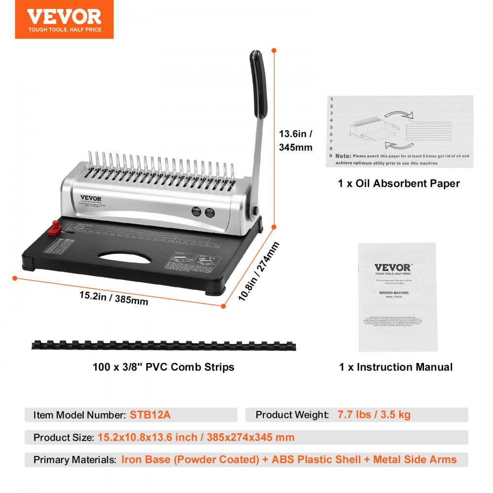 Binding Machine, Comb Binding Machine 21-Holes Binding 450 Sheets, Book Binder Machine with 100 PCS 3/8`` Comb Binding Spines, for Letter Size, A4, A5