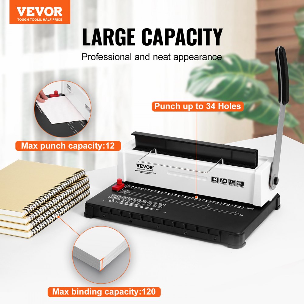 Coil Spiral Binding Machine, Manual Book Maker 34-Holes Binding 120 Sheets, Adjustable Side Margin, for Letter Size, A4, A5