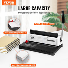 Coil Spiral Binding Machine, Manual Book Maker 34-Holes Binding 120 Sheets, Adjustable Side Margin, for Letter Size, A4, A5