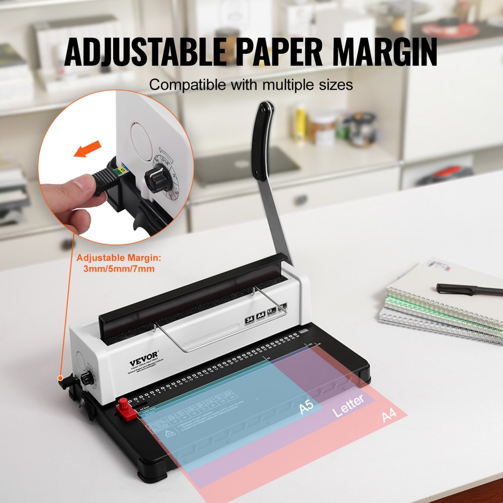 Coil Spiral Binding Machine, Manual Book Maker 34-Holes Binding 120 Sheets, Adjustable Side Margin, for Letter Size, A4, A5