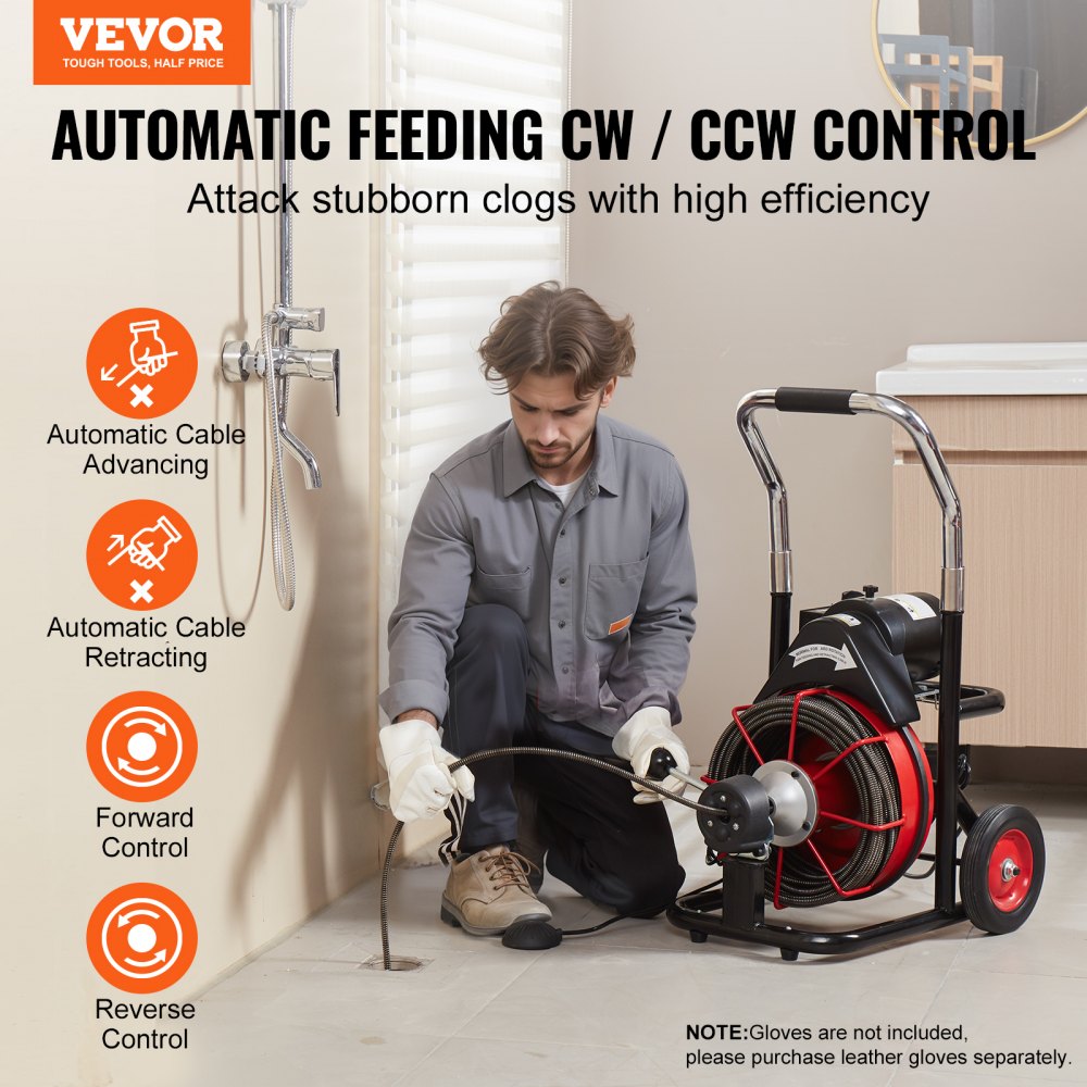Bostome Electric Drain Auger with 100FT 3/8In auto feed cable on wheeled cart.