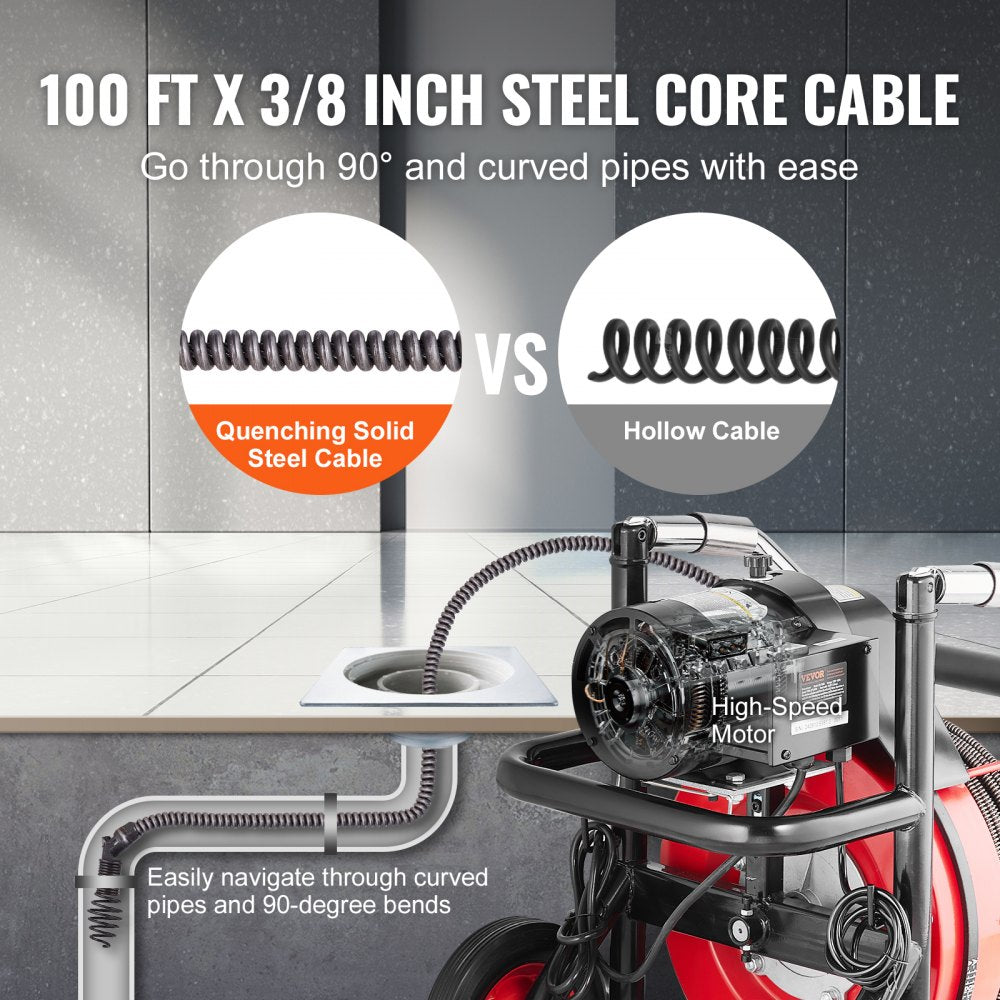 Electric drain auger with 100 ft x 3/8 inch steel core cable, auto feed, and high-speed motor.