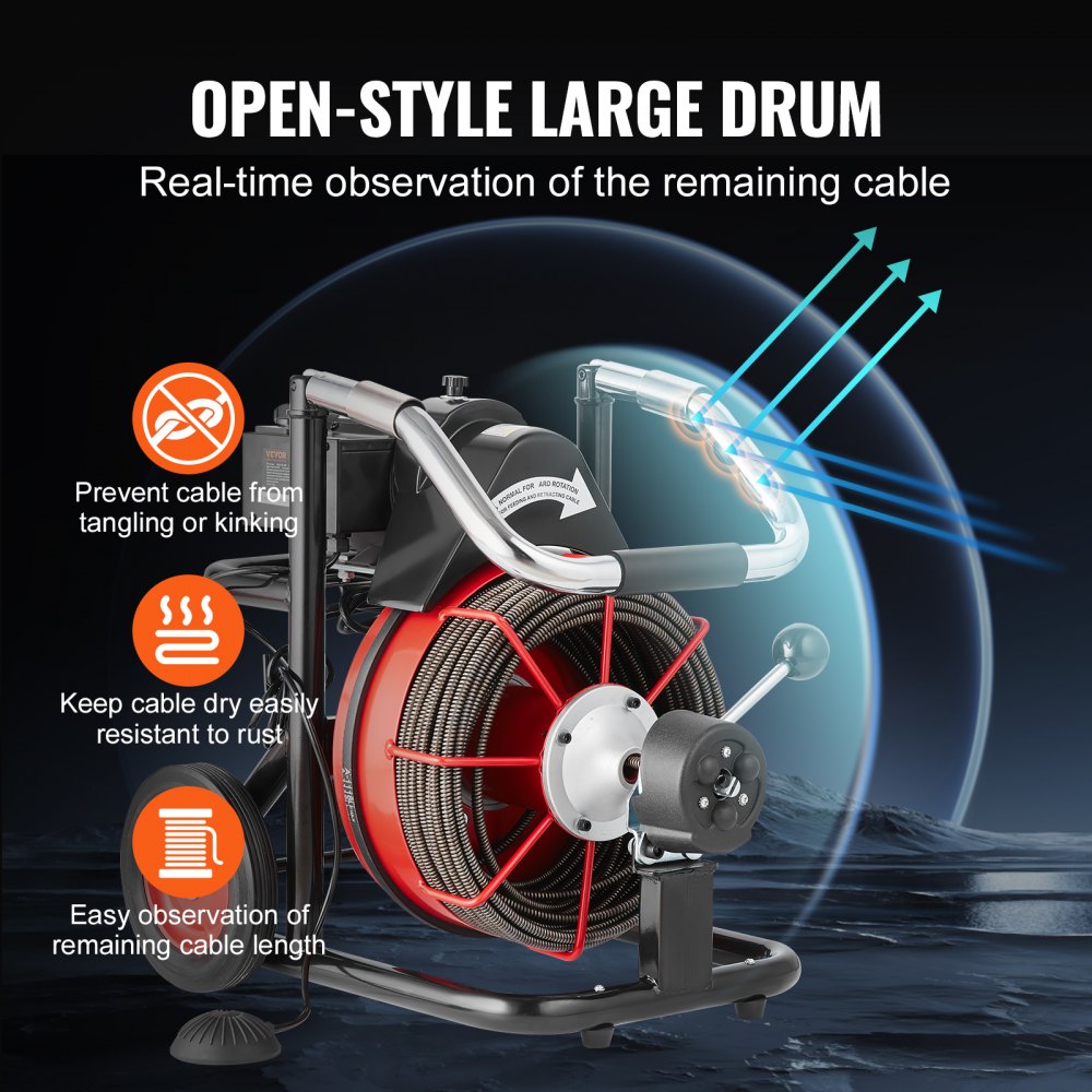 Electric drain auger with 100ft auto-feed 3/8in cable on wheeled stand.