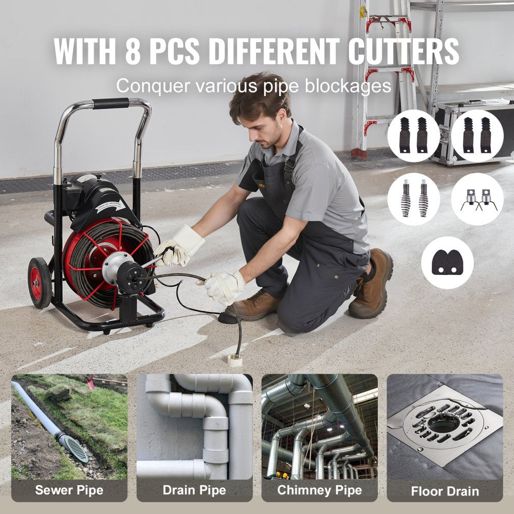 Electric drain auger with 100 ft auto-feed cable, 3/8 inch diameter, and 8 cutters for clearing pipe blockages.