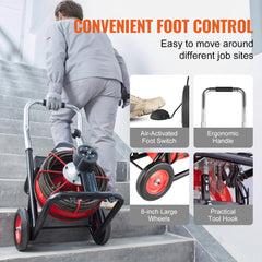 Worker using Bostome Electric Drain Auger with 100ft cable, foot pedal, cart, and 8-inch wheels on stairs.