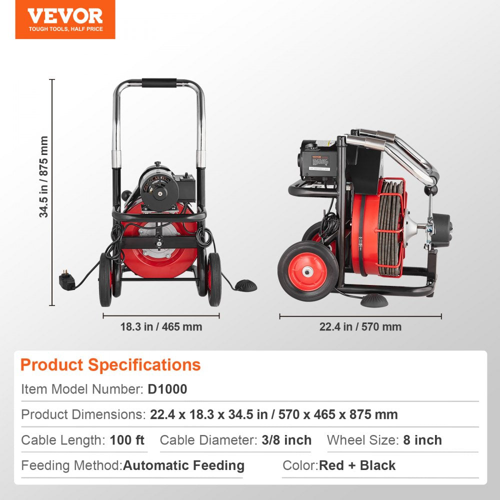 Red and black Bostome electric drain auger with 100 ft 3/8 inch auto-feed cable, 8-inch wheels, and foldable handle.