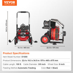 Red and black Bostome electric drain auger with 100 ft 3/8 inch auto-feed cable, 8-inch wheels, and foldable handle.