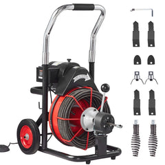 Electric drain auger with 100ft 3/8in auto-feed cable, wheeled frame, and accessory cutters.