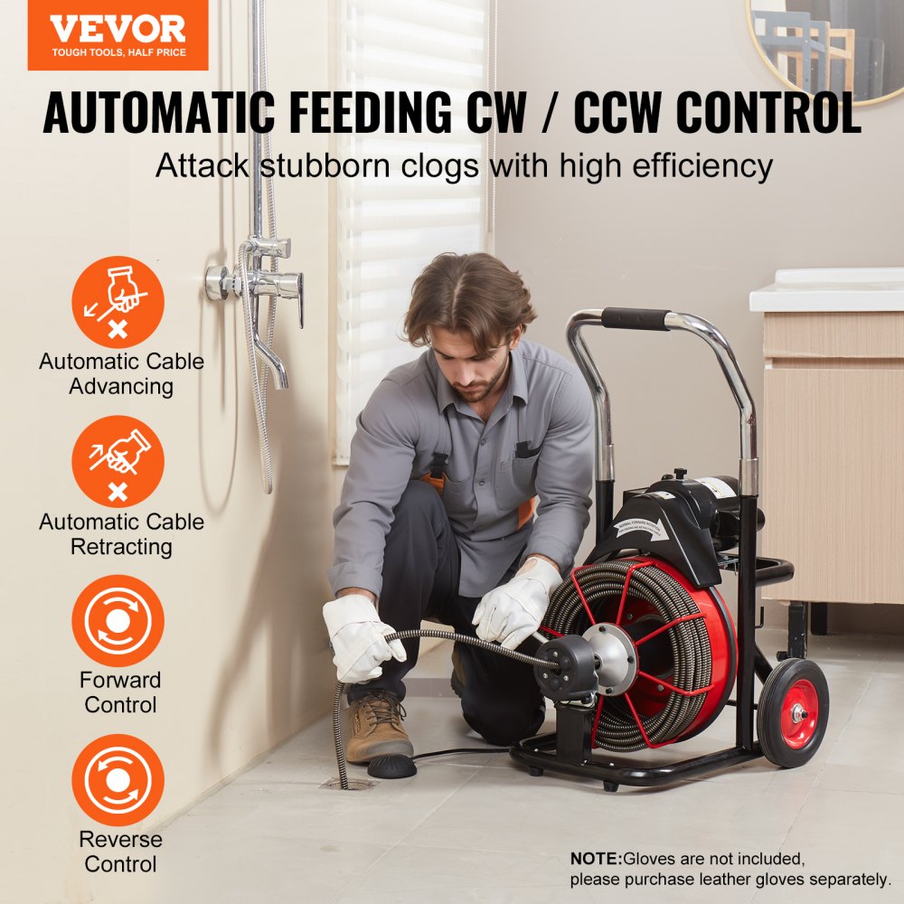 Bostome Electric Drain Auger with 100ft cable, automatic feed, and portable design for clogs.