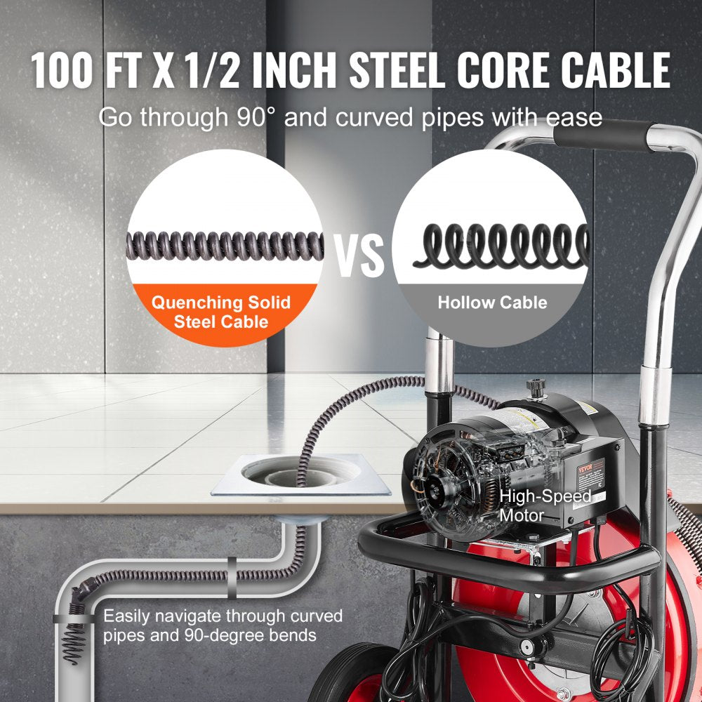 Bostome Electric Drain Auger with 100ft cable, automatic feed, and portable design for easy use.