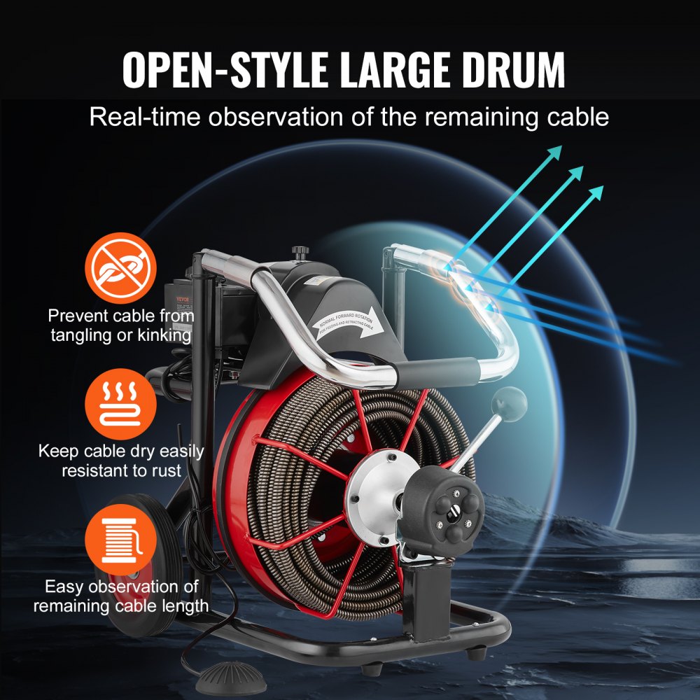 Bostome Electric Drain Auger with 100ft cable, automatic feed, and portable design for clogs.