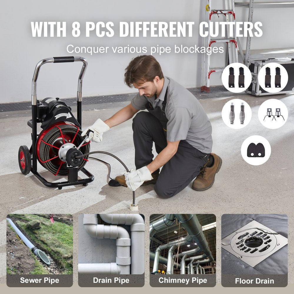Bostome Electric Drain Auger with 100ft cable, automatic feed, and portable design.