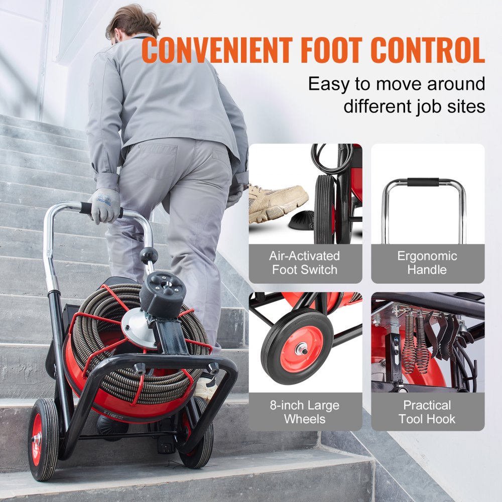 Bostome Electric Drain Auger with 100ft cable, automatic feed, and portable design for clogs.
