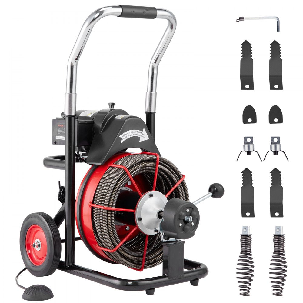 Bostome Electric Drain Auger with 100ft cable, automatic feed, and portable design for clogs.