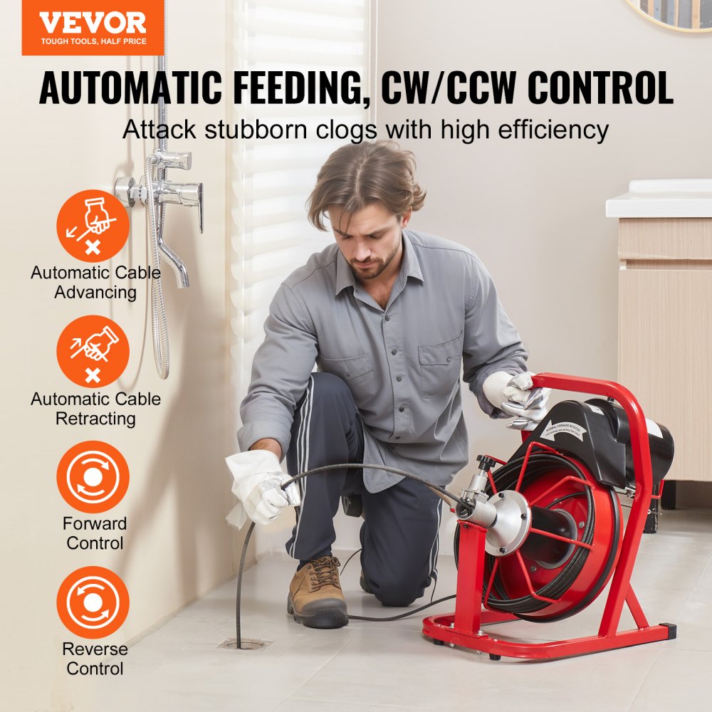 Bostome Electric Drain Auger with 50FT steel core cable and four interchangeable cutters.